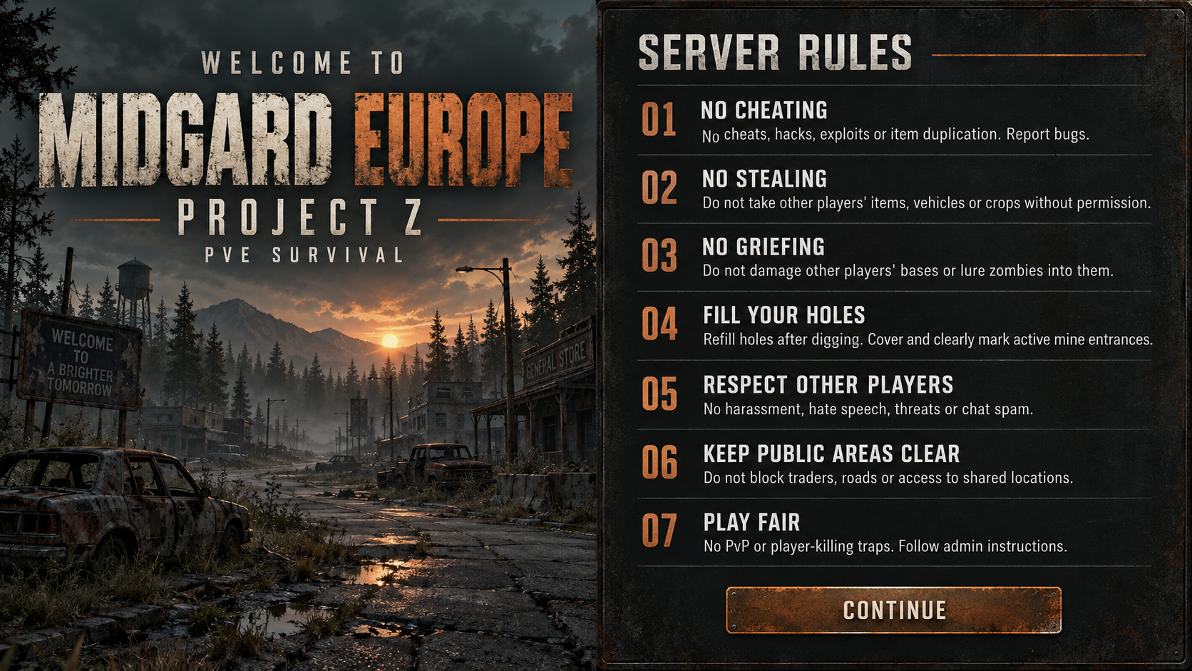 Uvítací panel Midgard Europe s pravidly serveru